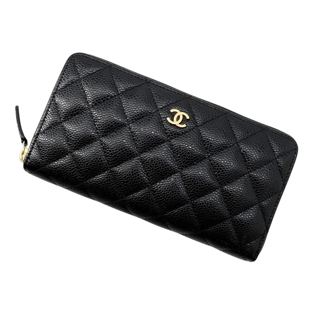 CHANEL Authentic Black Caviar Leather Logo Wallet
